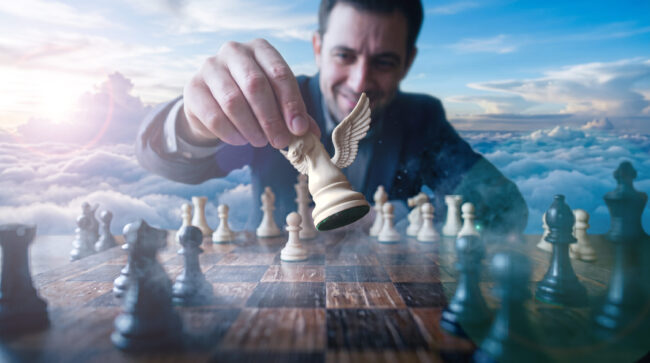 A generated concept of a strategic move, on a chessboard.