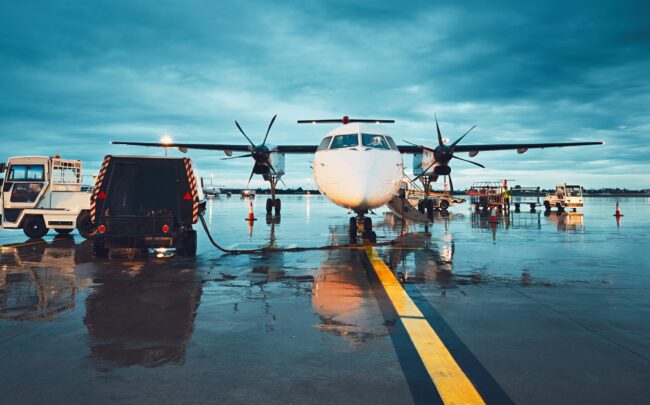 A busy airport in the rain airplane-awaiting-service-at-airport-terminal
