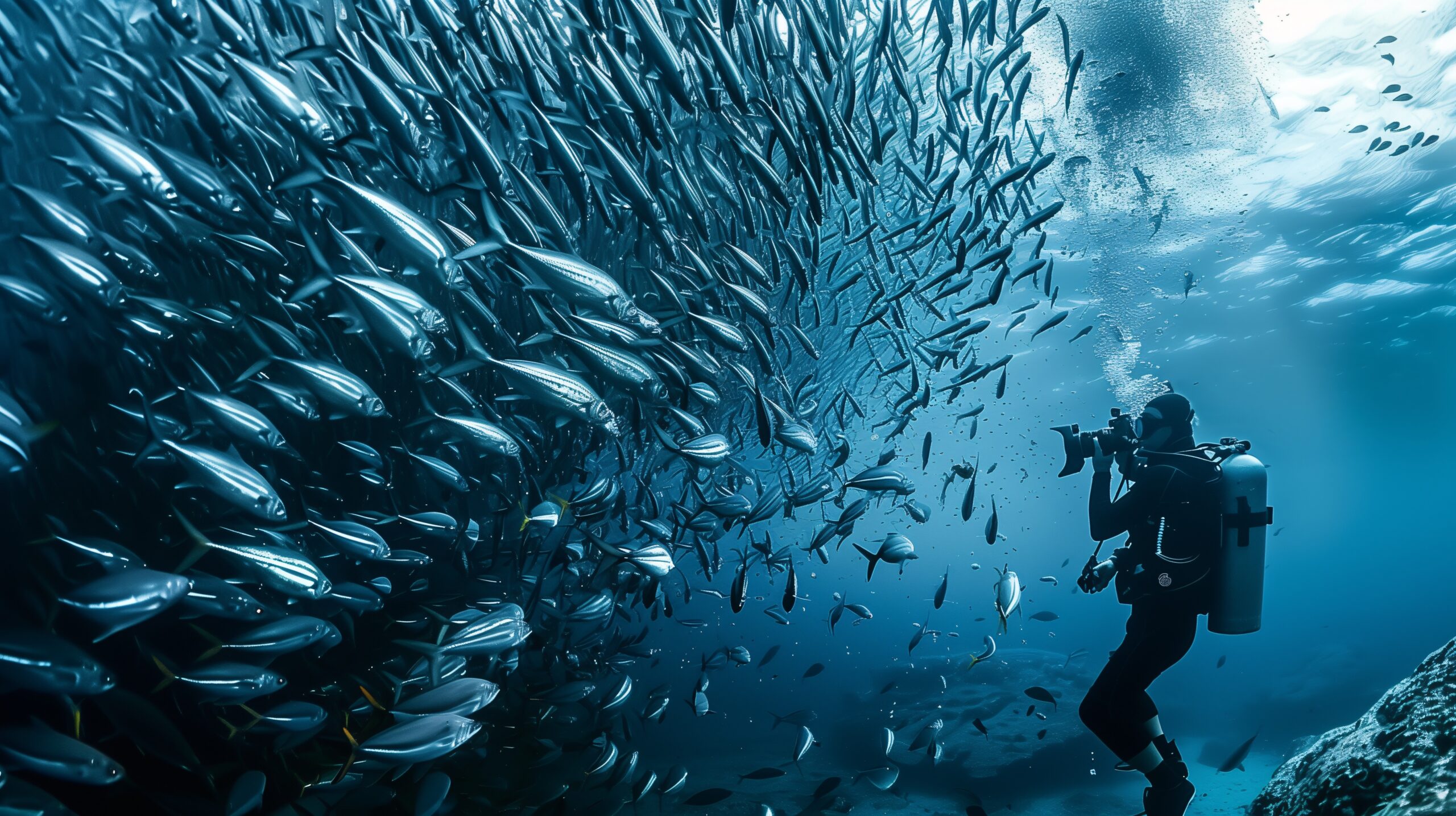 a diver in the water near a large school of fish a diver in the water near a large school of fish